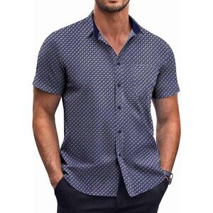Blue windmill Men Short Sleeve Button Down Wrinkle Free Polka Dot Print Shirt